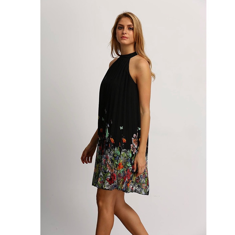 Floral Summer Sleeveless Halter Neck Black Dress - Picture 9 of 11
